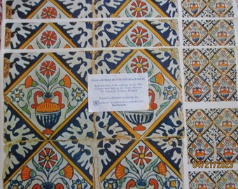 Three Paper Placemats Blue Orange Dutch Tiles Reproduction Antique Printed in Holland Marcel Schurman Co Craft Supplies Coated Papers