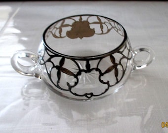 Vintage Glass Sugar Bowl Silver Overlay Art Nouveau