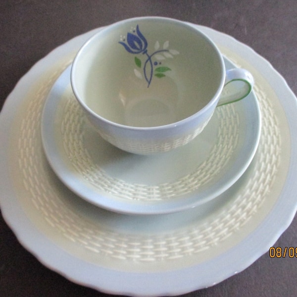 Minton Chinese Celadon Ceramic Dishes Plates Cups Saucers Blue Basket Weave Made in England Dining Entertaining Open Stock