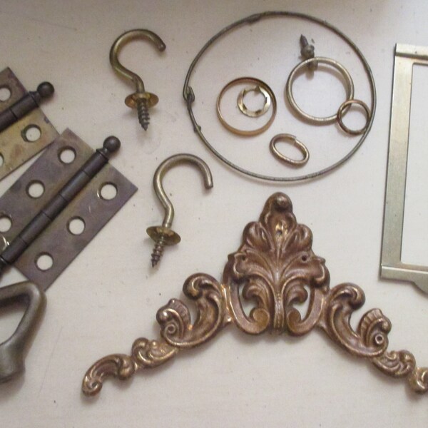 Brass Findings Door Hinges Cup Hooks 13 Vintage Decorative Embellishment Drawer Plate Circular Rings Links Screw On Finial Knob