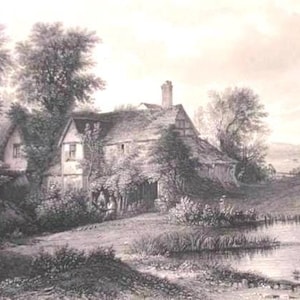 May include: A black and white landscape print depicting a rural cottage with a thatched roof and chimney, nestled among dense trees. A small pond with reeds sits in the foreground, and the number 01 is printed in the bottom right corner.