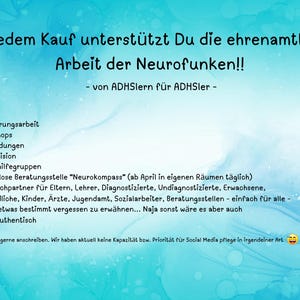 Puede incluir: Gr&aacute;fico en azul y blanco con texto en alem&aacute;n. El texto indica que cada compra apoya el trabajo voluntario de Neurofunken. Las vi&ntilde;etas enumeran servicios como talleres, supervisi&oacute;n y grupos de autoayuda.