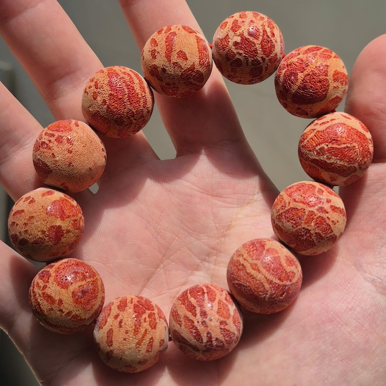 Red Coral Bead Bracelet, Natural Coral Jewelry, 20mm Bracelet, Rustic Matte Finish, Ocean Inspired image 2
