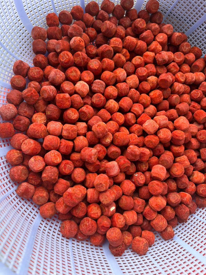 Puede incluir: Una gran colecci&oacute;n de peque&ntilde;os alimentos redondos de color rojo vibrante con una superficie texturizada y porosa. Estas piezas esf&eacute;ricas est&aacute;n amontonadas dentro de un colador de pl&aacute;stico blanco con un patr&oacute;n de rejilla de ranuras.