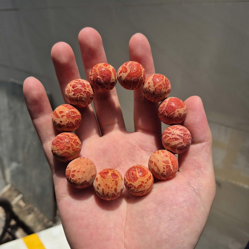 Red Coral Bead Bracelet, Natural Coral Jewelry, 20mm Bracelet, Rustic Matte Finish, Ocean Inspired image 1