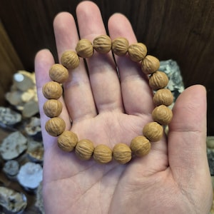 May include: A light brown beaded bracelet made of round, textured beads. The bracelet is held in a hand, showcasing the natural color and shape of the beads. The beads appear to be made of a natural material.