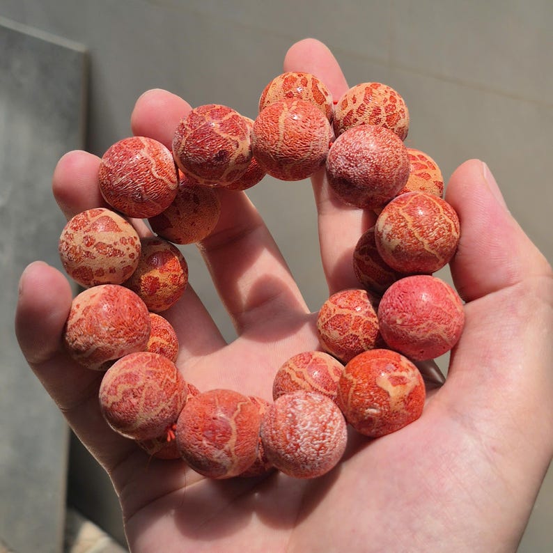 Red Coral Bead Bracelet, Natural Coral Jewelry, 20mm Bracelet, Rustic Matte Finish, Ocean Inspired image 4