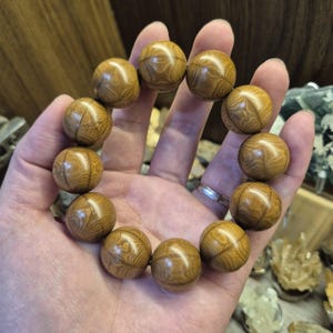 May include: A bracelet of eleven round wooden beads. The beads are light brown with a visible wood grain pattern. The bracelet is held in a hand.