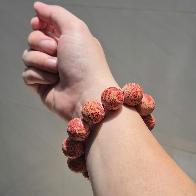Red Coral Bead Bracelet, Natural Coral Jewelry, 20mm Bracelet, Rustic Matte Finish, Ocean Inspired image 8