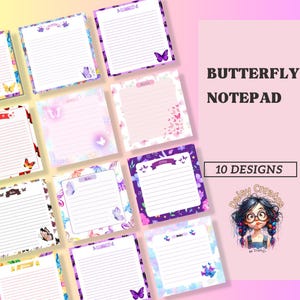 May include: A selection of square notepads with butterfly designs. Each notepad has lined pages and butterfly accents in various colours. The image includes the text "Butterfly Notepad" and "10 Designs".