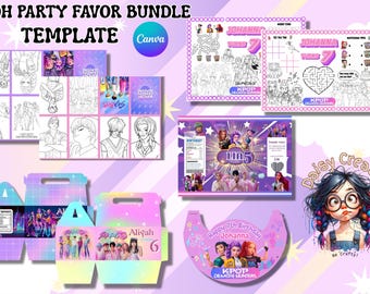 May include: A KDH Party Favor Bundle template with a variety of party supplies. Includes coloring pages, placemats, favor boxes, and a party hat. The design features KPOP-themed graphics and the text "KDH PARTY FAVOR BUNDLE TEMPLATE".