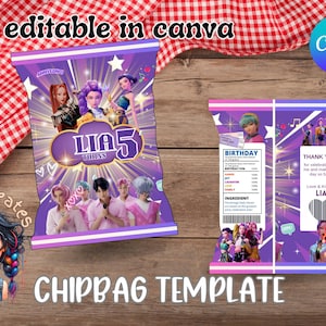 May include: Two purple chip bag templates with a pop star theme. The front of the bag has the text "LIA 5" and images of pop stars. The back of the bag has a birthday theme with a nutrition label and the text "Thank You".