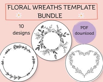 Floral Wreath Stick and Stitch Embroidery Patterns: 10 Printable 20cm Hoop Pattern Templates (PDF Pattern A4 Size) Floral Borders