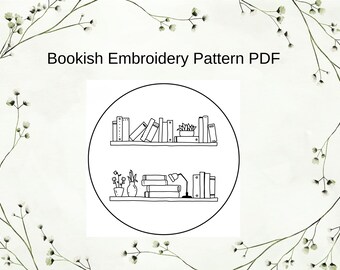 Book Lovers Embroidery Pattern PDF: Bookshelf Bookish Design (PDF Download) Stick and stitch template
