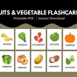 Fruits & Vegetables Flashcards, Montessori Learning Cards, Educational Printable Flashcards