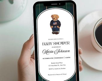 Teddy Bear Baby Shower Animated Video Invitation, Animated Polo Theme, Editable Canva Template