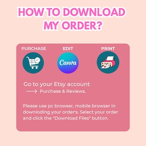 May include: A pink graphic with the text "HOW TO DOWNLOAD MY ORDER?" and instructions for Etsy downloads. Steps include Purchase, Edit with Canva, and Print. Instructions advise using a PC or mobile browser to download files.