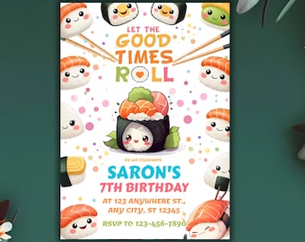 Convite para festa de aniversário de sushi, modelo editável de sushi com tema japonês Kawaii no Canva