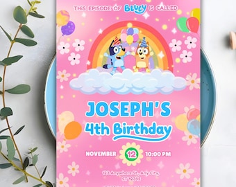 Blue Dog Birthday Invitation Card, Editable Pink Bingo Party Invite Template