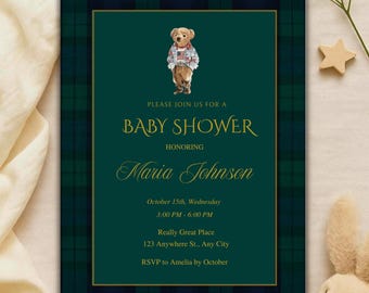 Classic Dark Green Plaid Teddy Bear Baby Shower Invitation, Canva Template