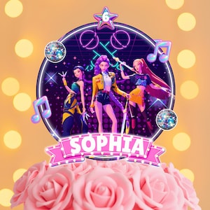 May include: A cake topper with three animated figures, musical notes, and disco balls. The topper has a neon design with the name "SOPHIA" on a banner. The cake is decorated with pink roses and a star with the number 6.