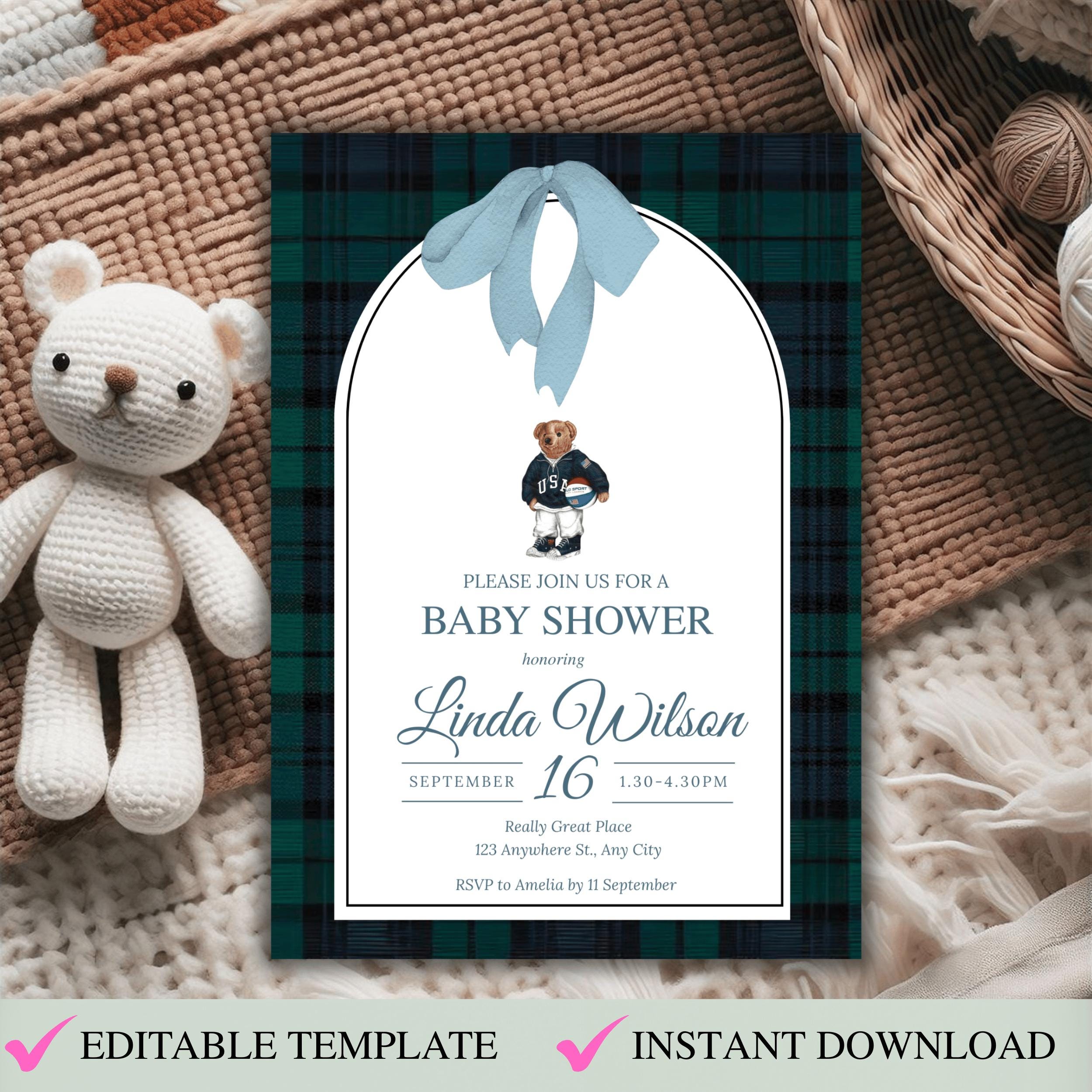 Luxury Polo Teddy Bear Baby Shower Invitation Editable Canva Template ...