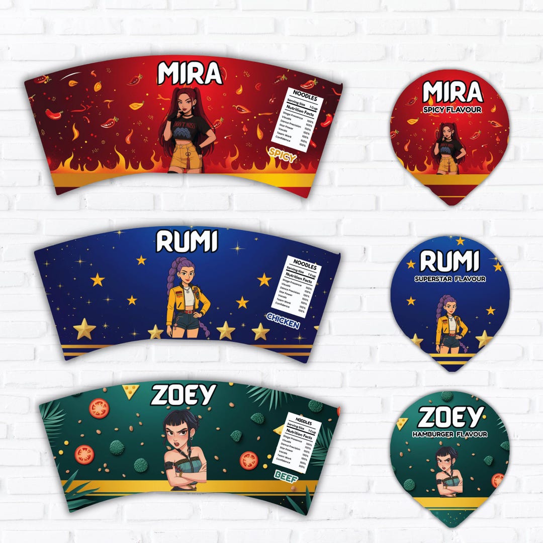 Rumi Mira Zoey Cup Noodle Labels, Kpop Demon Hunters Anime Food Rumi Mira Zoey Cup Noodle Labels, Kpop Demon Hunters Anime Food