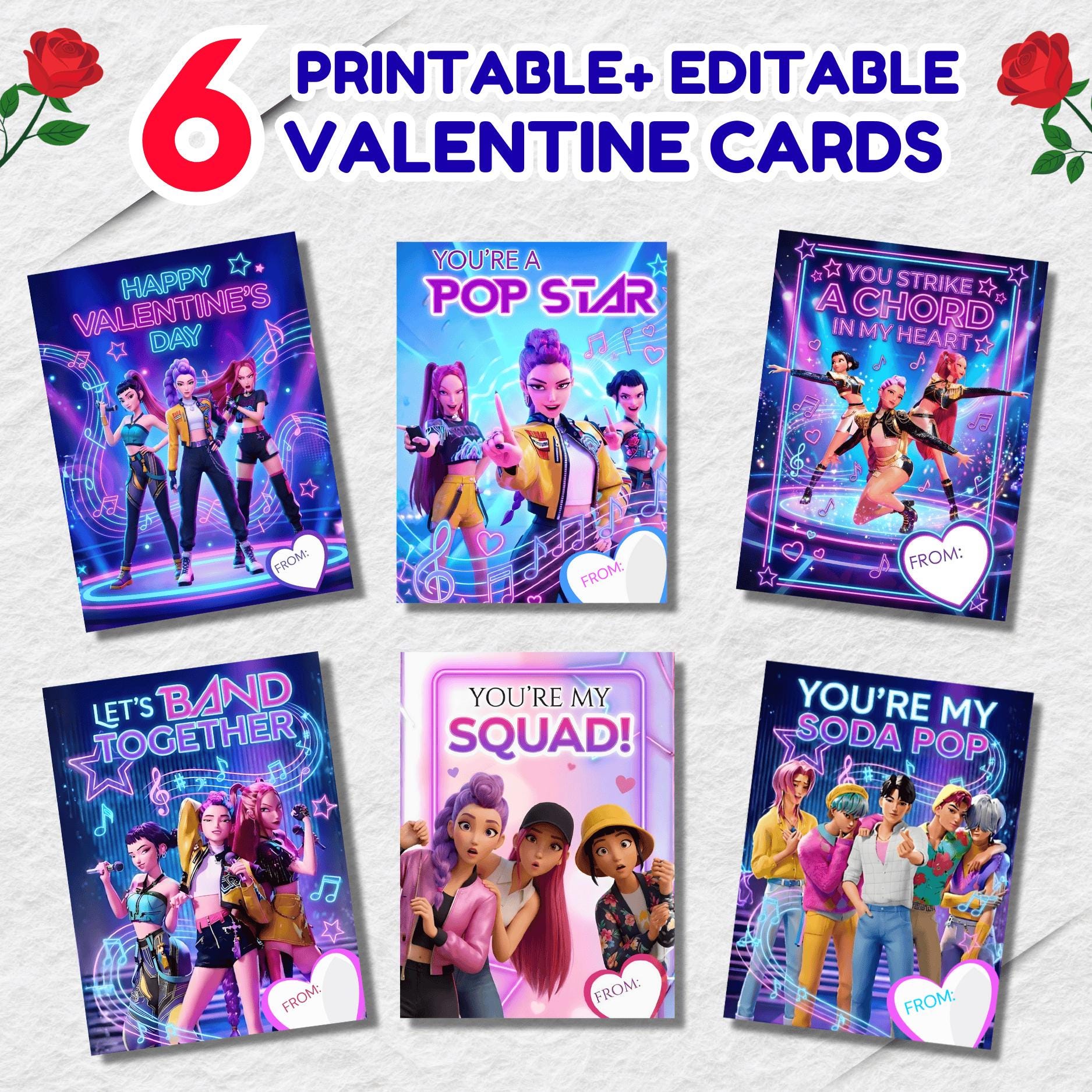 6 Kpop Valentine Cards, Rumi Mira Zoey Valentines Day Card Bundle