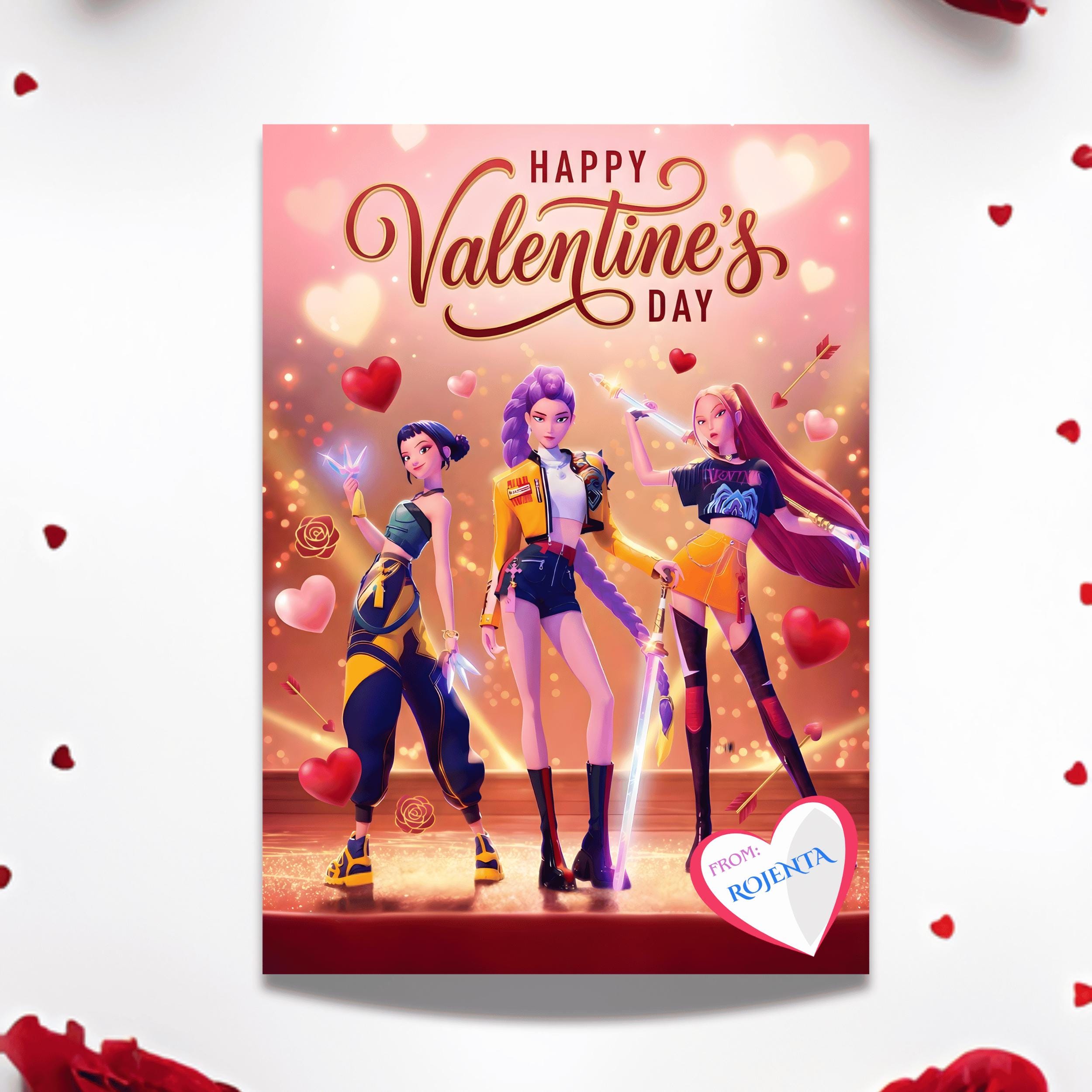 Editable Kpop Valentine Card, Huntrix Rumi Mira Zoey Canva