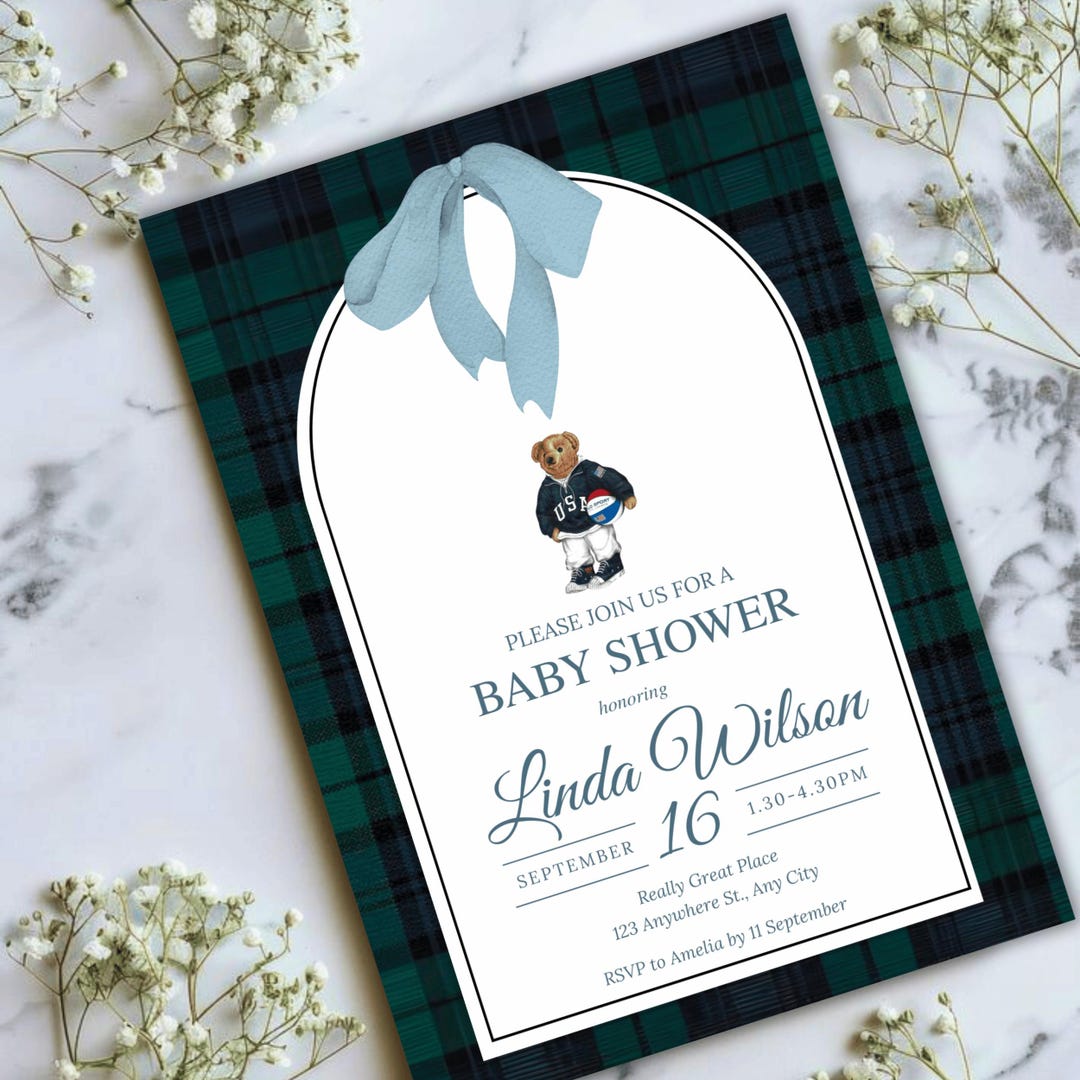Luxury Polo Teddy Bear Baby Shower Invitation Editable Canva Template ...