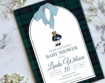 Luxury Polo Teddy Bear Baby Shower Invitation Editable Canva Template