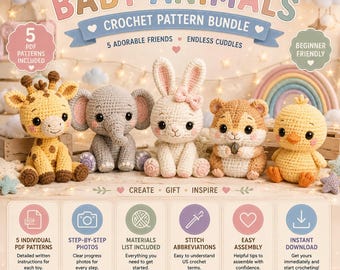 Baby Animals Crochet Pattern Bundle, Giraffe Elephant Bunny Hamster Chick Amigurumi PDF, Instant Download