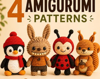 Amigurumi Animal Crochet Patterns Bundle – Penguin Bunny Ladybug Squirrel PDF, Beginner Friendly, Instant Download