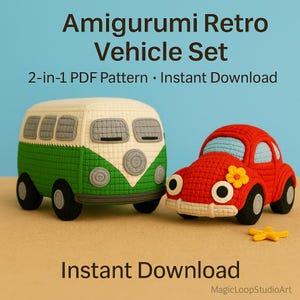 May include: A crocheted amigurumi retro vehicle set, featuring a green and cream van and a red car with a yellow flower. The image includes the text "Amigurumi Retro Vehicle Set" and "Instant Download".
