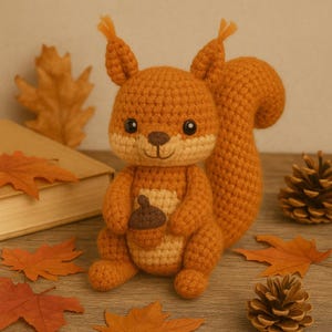 Peut inclure: Un écureuil crocheté à la main, aux tons orange et marron, tenant un petit gland. L'écureuil a une queue touffue et est entouré de feuilles d'automne et de pommes de pin. L'écureuil mesure environ 15 cm de haut.