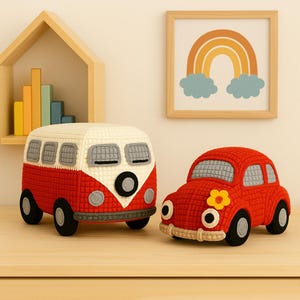 May include: Two plush toy vehicles: a red and white bus and a red car with a yellow flower. The bus has black wheels and a black tire. The car has gray wheels and a beige bumper. A framed rainbow art piece hangs in the background.