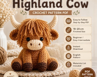Baby Highland Cow Crochet Pattern PDF, Farm Animal Amigurumi Tutorial (Instant Download)