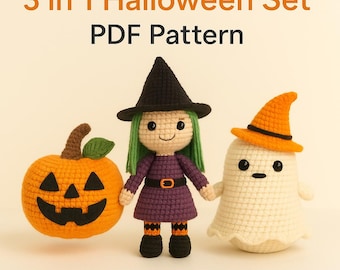 Amigurumi Halloween Crochet Patterns – Witch, Pumpkin & Ghost PDF Bundle | 3 in 1 Crochet Pattern Set