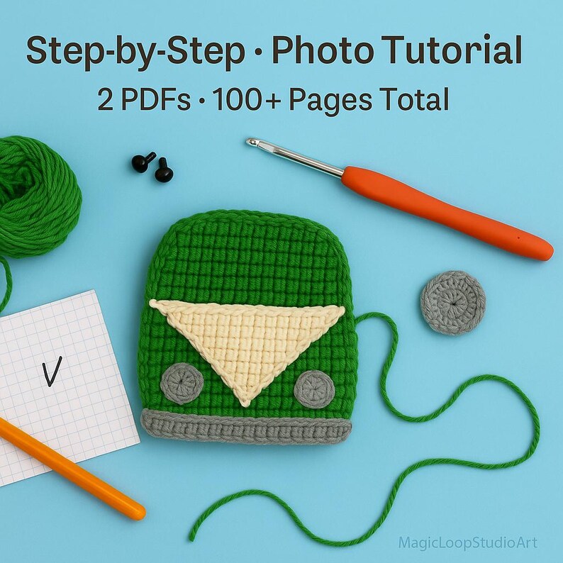 May include: A green crocheted bus with a cream-colored triangle, gray wheels, and a gray bumper. The image includes a crochet hook, yarn, and the text "Step-by-Step Photo Tutorial" and "2 PDFs 100+ Pages Total".