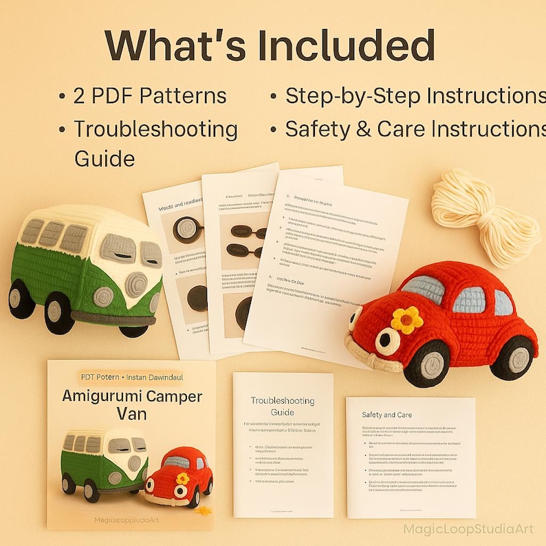 May include: A collection of crochet amigurumi patterns and instructions. The image features a green and white camper van, a red car, and printed guides. The text on the cover reads "Amigurumi Camper Van". Additional guides include "Troubleshooting Guide" and "Safety and Care".