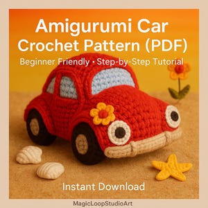 以下が含まれることがあります： 青い窓と黒い車輪が付いた赤いかぎ針編みの車で、黄色の花で飾られています。「Amigurumi Car Crochet Pattern (PDF)」と「Instant Download」というテキストが含まれています。ヒトデと貝殻も表示されています。