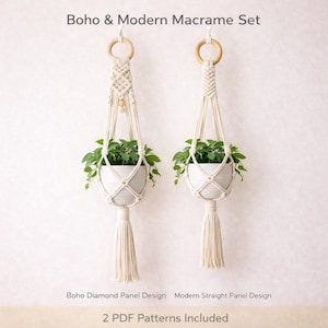 May include: Two macrame plant hangers with white pots filled with green plants. The hangers are made of cream-colored rope and feature wooden rings and tassels. The text "Boho & Modern Macrame Set" is at the top.