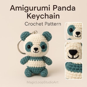 May include: A crocheted panda keychain with a teal and cream color scheme. The keychain has a round head with teal ears and teal accents around the eyes. The text "Amigurumi Panda Keychain Crochet Pattern" is at the top.