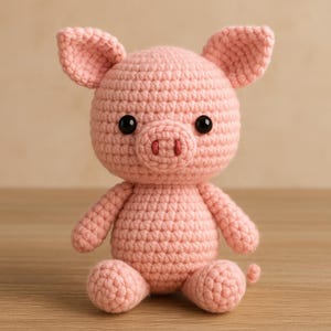 Puede incluir: Un cerdito rosa tejido a mano con ojos de botón negros y una pequeña cola rizada. El cerdo tiene un cuerpo redondeado, brazos y piernas pequeños y orejas grandes y caídas. El cerdo está sentado sobre una superficie de madera.