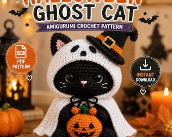 Halloween Ghost Cat Amigurumi Crochet Pattern: Black Cat, Witch Hat, Pumpkin (Digital Download)