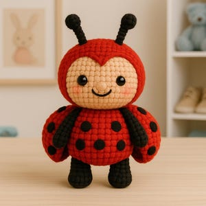 May include: A handmade crochet ladybug toy. The ladybug is primarily red with black spots and accents. It has a tan face with black eyes and a smiling mouth. The toy has black antennae and legs, and is designed to stand upright.