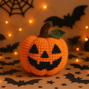 Puede incluir: Una calabaza naranja tejida a ganchillo con una cara de Jack-o'-lantern tallada. La calabaza tiene un tallo marrón y una hoja verde. El fondo presenta decoraciones de Halloween, incluyendo murciélagos, una telaraña y luces de cadena. Una decoración festiva para la temporada de Halloween.