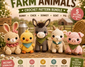Farm Animals Crochet Pattern Bundle, Bunny Chick Donkey Goat Pig Amigurumi (PDF Download)
