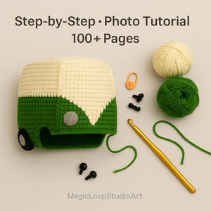 May include: A crochet pattern tutorial with a step-by-step photo tutorial for a camper van hat. The image shows a finished green and cream-colored hat, yarn, a crochet hook, and other supplies. The text reads "Step-by-Step &bull; Photo Tutorial 100+ Pages".