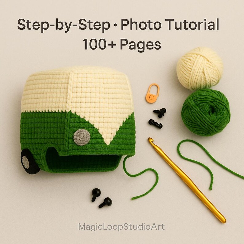 May include: A crochet pattern tutorial with a step-by-step photo tutorial for a camper van hat. The image shows a finished green and cream-colored hat, yarn, a crochet hook, and other supplies. The text reads "Step-by-Step &bull; Photo Tutorial 100+ Pages".
